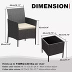 COZONY Set da 3 pezzi per patio esterno, 2 sedie in vimini di PE con tavolo da caffè in vetro e cuscino spesso per balcone, piscina, portico, cortile