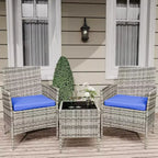 COZONY Set da 3 pezzi per patio esterno, 2 sedie in vimini di PE con tavolo da caffè in vetro e cuscino spesso per balcone, piscina, portico, cortile