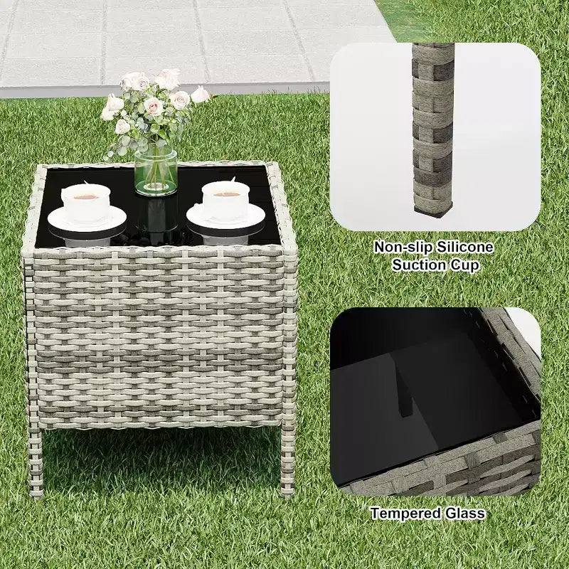 COZONY Set da 3 pezzi per patio esterno, 2 sedie in vimini di PE con tavolo da caffè in vetro e cuscino spesso per balcone, piscina, portico, cortile