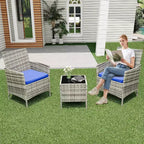 COZONY Set da 3 pezzi per patio esterno, 2 sedie in vimini di PE con tavolo da caffè in vetro e cuscino spesso per balcone, piscina, portico, cortile