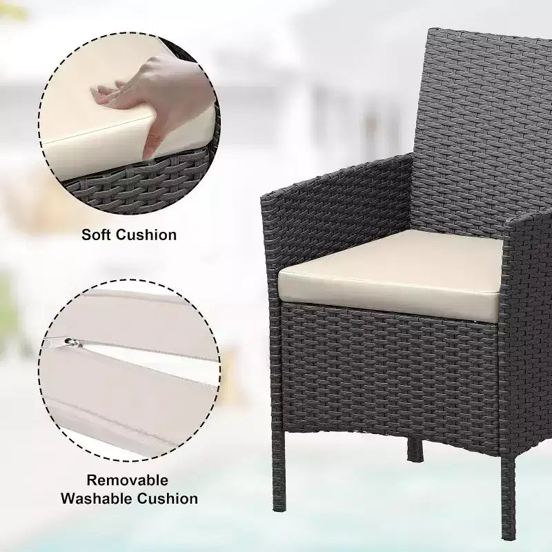 COZONY Set da 3 pezzi per patio esterno, 2 sedie in vimini di PE con tavolo da caffè in vetro e cuscino spesso per balcone, piscina, portico, cortile