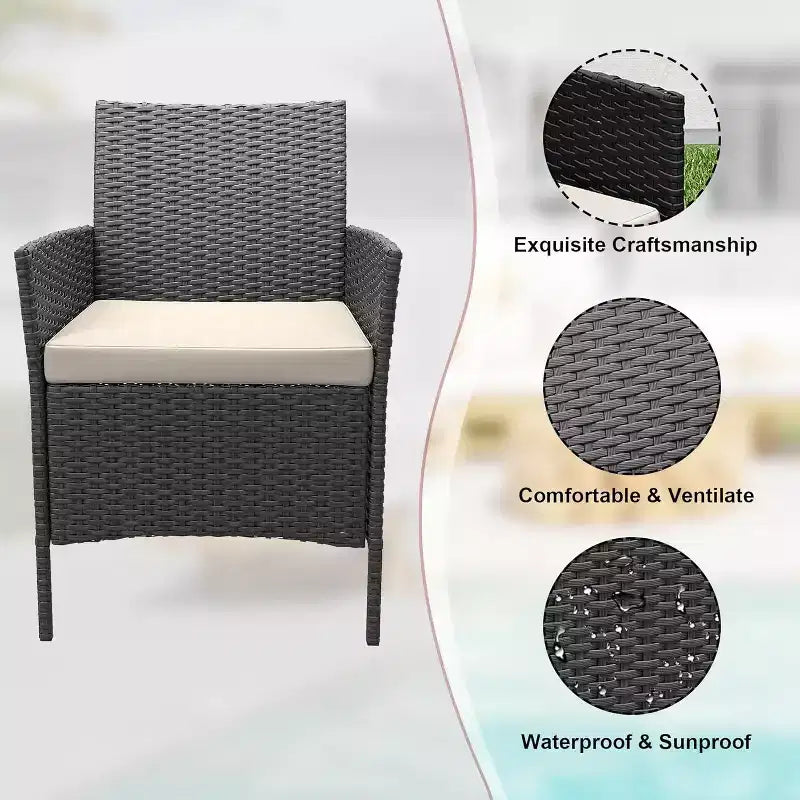 COZONY Set da 3 pezzi per patio esterno, 2 sedie in vimini di PE con tavolo da caffè in vetro e cuscino spesso per balcone, piscina, portico, cortile