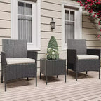 COZONY Set da 3 pezzi per patio esterno, 2 sedie in vimini di PE con tavolo da caffè in vetro e cuscino spesso per balcone, piscina, portico, cortile