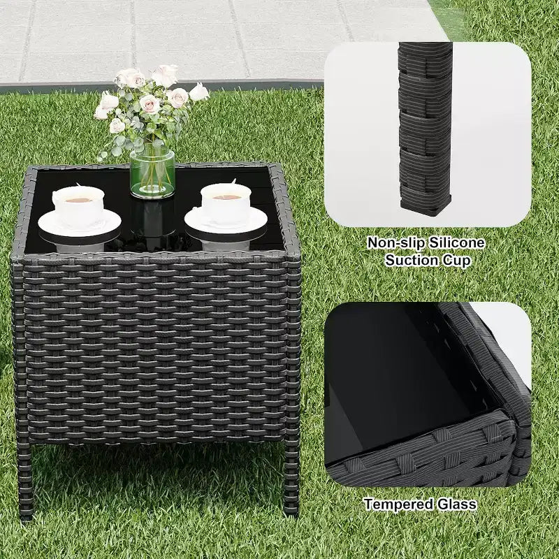 COZONY Set da 3 pezzi per patio esterno, 2 sedie in vimini di PE con tavolo da caffè in vetro e cuscino spesso per balcone, piscina, portico, cortile