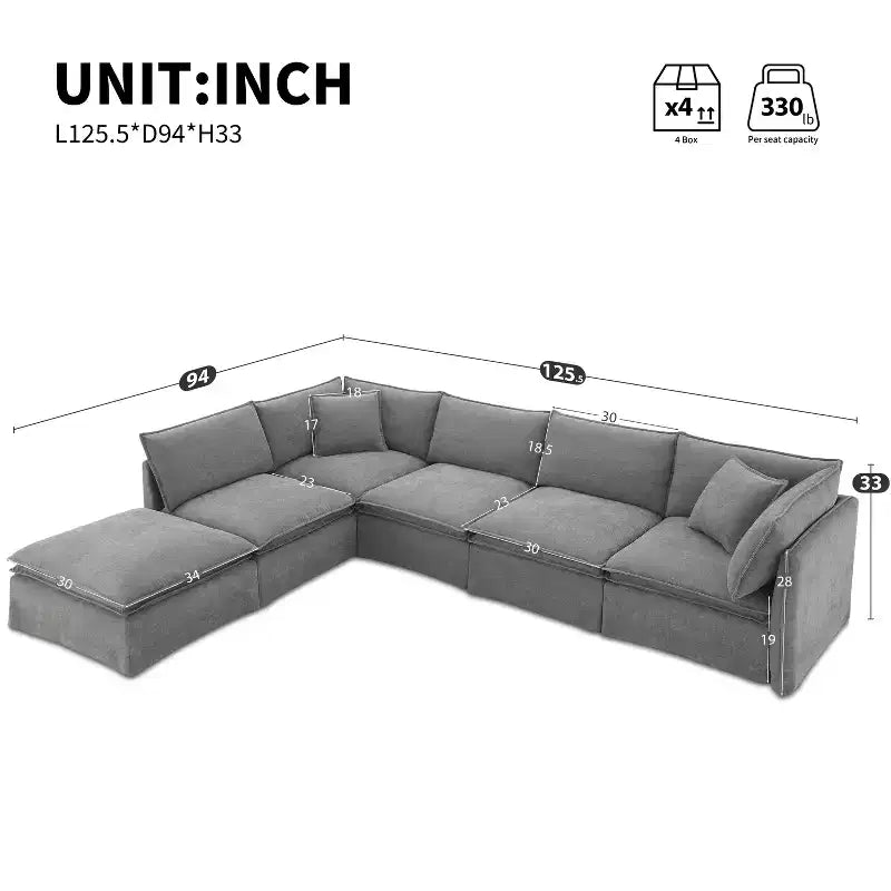 GDFStudio Nelson Moderno Divano Sezionale Modulare a L Fuori Misura in ciniglia da 125,5 cm con Ottomano Mobile