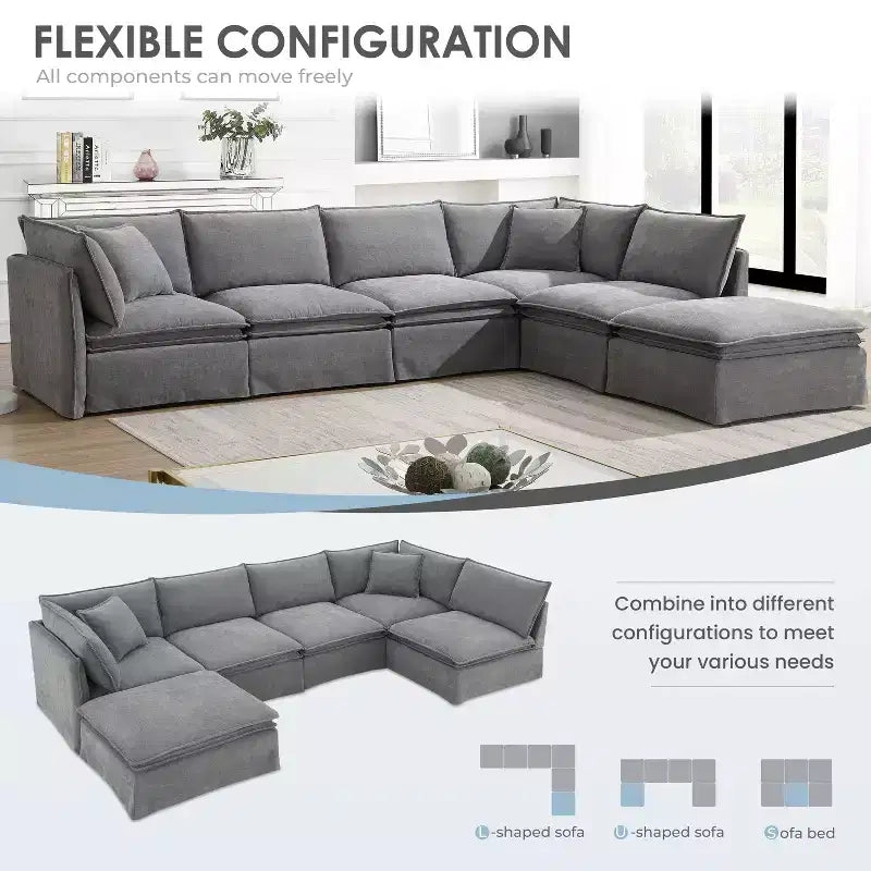 GDFStudio Nelson Moderno Divano Sezionale Modulare a L Fuori Misura in ciniglia da 125,5 cm con Ottomano Mobile