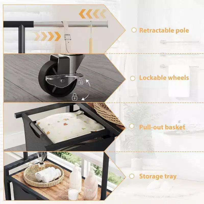Stand appendiabiti con doppio cesto portabiancheria, Organizzatore mobile per vestiti con mensola per camera da letto/lavanderia