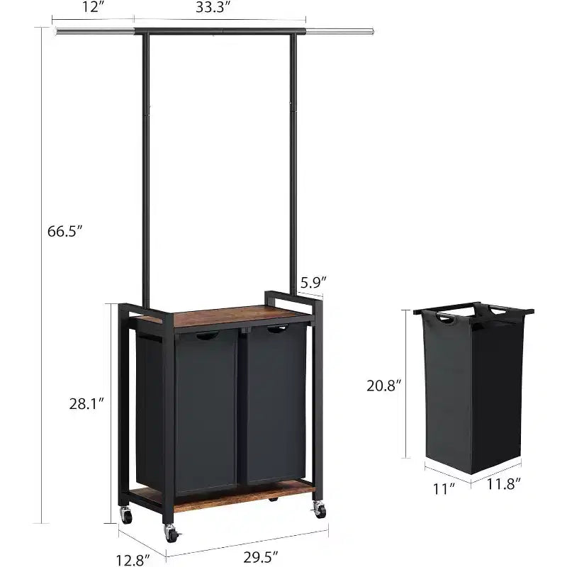 Stand appendiabiti con doppio cesto portabiancheria, Organizzatore mobile per vestiti con mensola per camera da letto/lavanderia