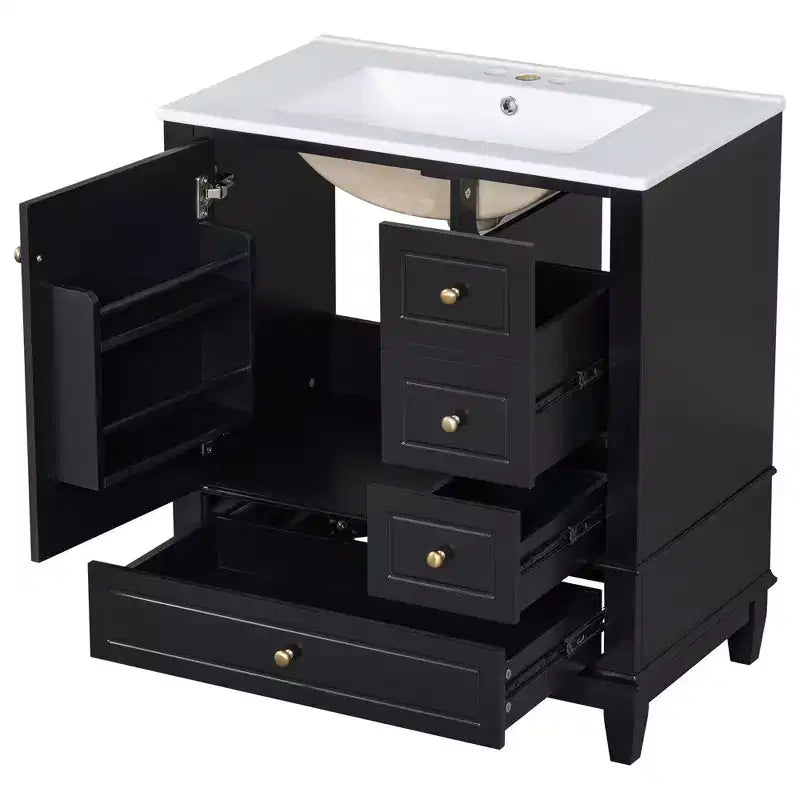 Mobile bagno 30 pollici con lavabo, Mobiletto contenitore da bagno con cassetti e ripiano, Mobile da bagno con lavabo singolo