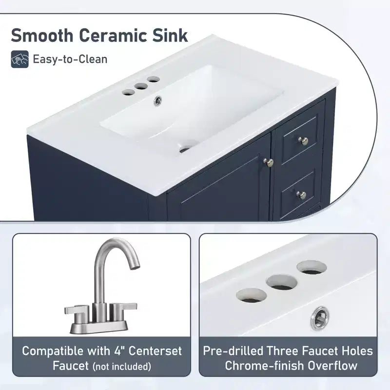 Mobile bagno 30 pollici con lavabo, Mobiletto contenitore da bagno con cassetti e ripiano, Mobile da bagno con lavabo singolo