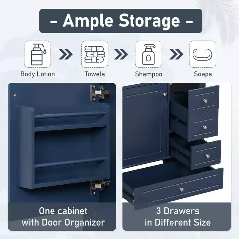 Mobile bagno 30 pollici con lavabo, Mobiletto contenitore da bagno con cassetti e ripiano, Mobile da bagno con lavabo singolo