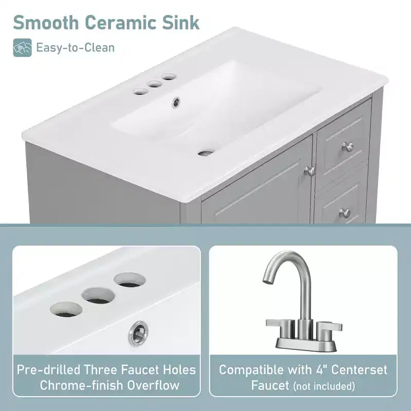 Mobile bagno 30 pollici con lavabo, Mobiletto contenitore da bagno con cassetti e ripiano, Mobile da bagno con lavabo singolo