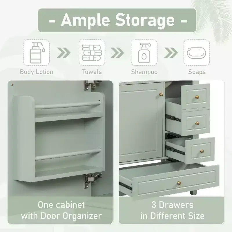 Mobile bagno 30 pollici con lavabo, Mobiletto contenitore da bagno con cassetti e ripiano, Mobile da bagno con lavabo singolo