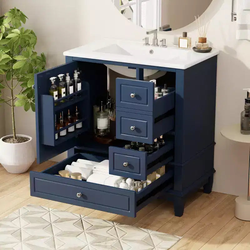 Mobile bagno 30 pollici con lavabo, Mobiletto contenitore da bagno con cassetti e ripiano, Mobile da bagno con lavabo singolo