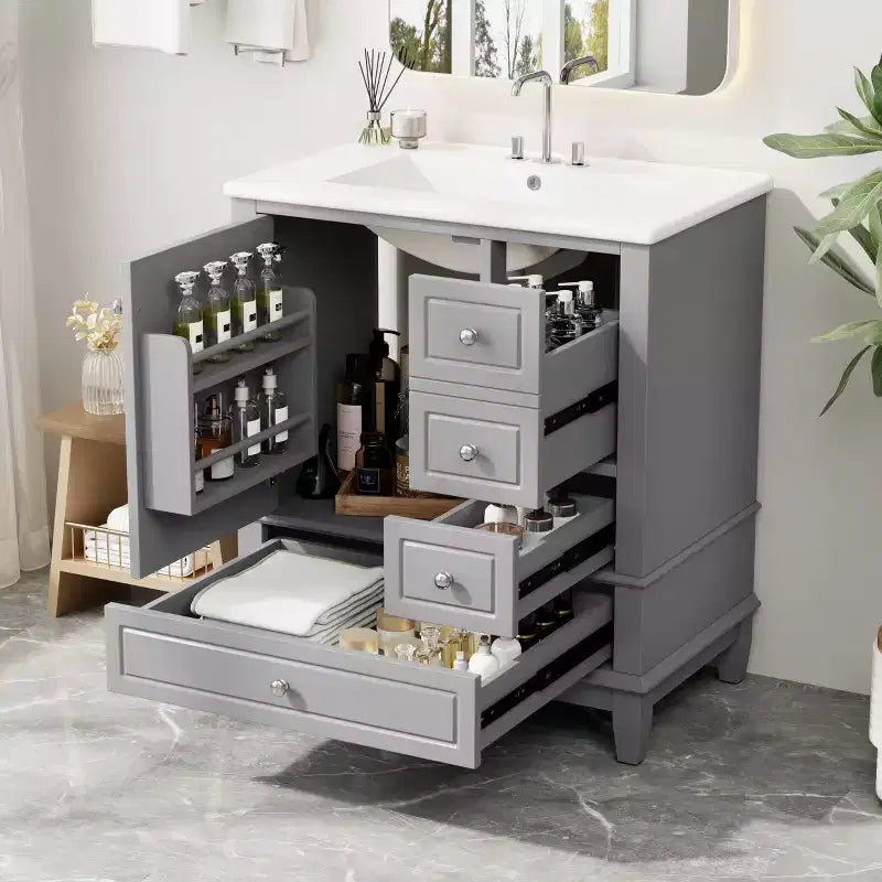 Mobile bagno 30 pollici con lavabo, Mobiletto contenitore da bagno con cassetti e ripiano, Mobile da bagno con lavabo singolo