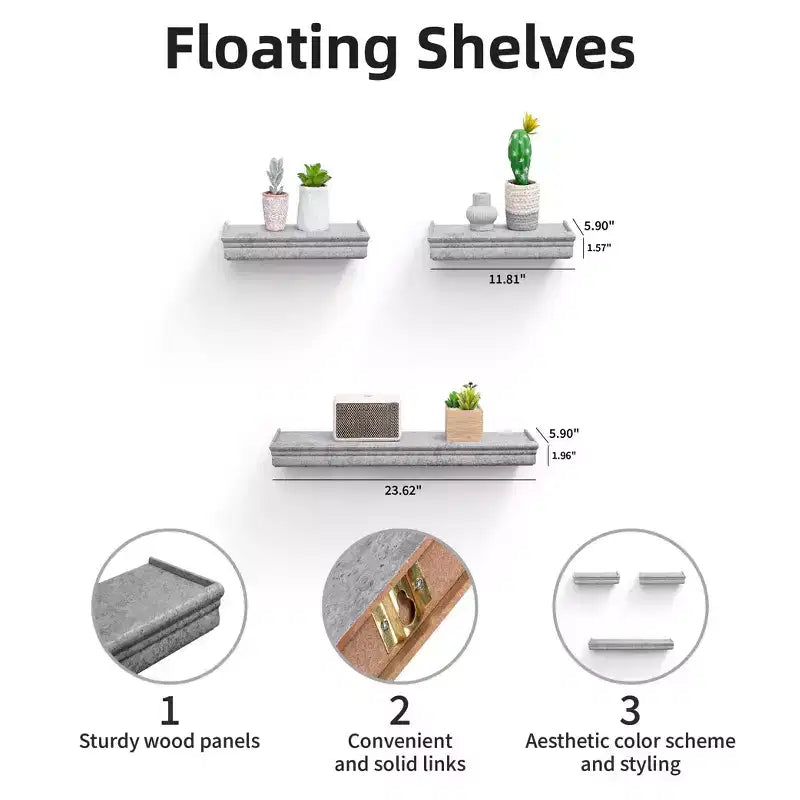 Mensola galleggiante grigia da 23,6 pollici con staffa invisibile per montaggio a parete in legno, perfetta per l'arredamento di bagno/camera da letto/cucina o per esporre libri/piante, facile da installare.