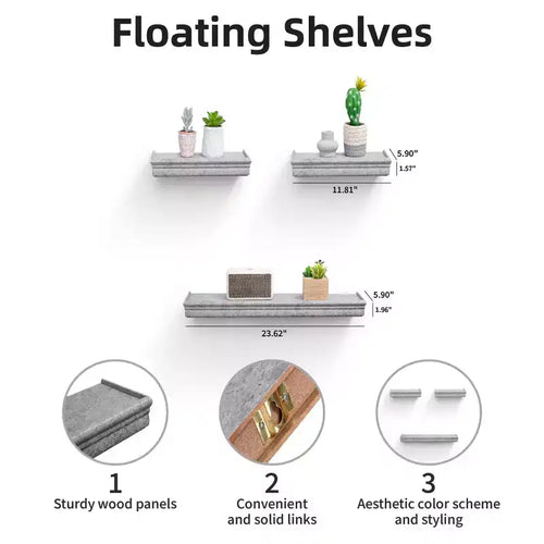 Mensola galleggiante grigia da 23,6 pollici con staffa invisibile per montaggio a parete in legno, perfetta per l'arredamento di bagno/camera da letto/cucina o per esporre libri/piante, facile da installare.