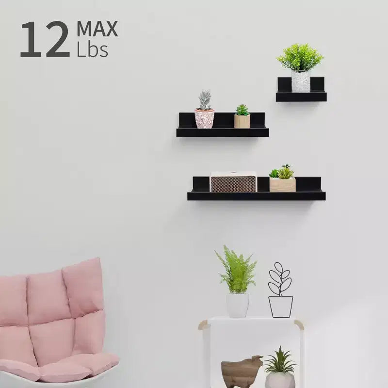 15.7 Black Floating Shelf C invisible-bracket wood wall mount, perfect bathroom/bedroom/kitchen dcor or book/plant display, easy install.