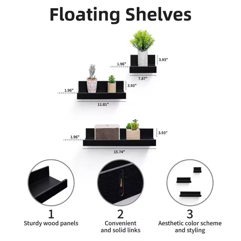 Mensola galleggiante nera da 40 cm, con supporti a scomparsa, in legno, per parete, perfetta per l'arredamento di bagno/camera da letto/cucina o per esporre libri/piante, facile da installare.