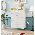 Acekool 5 Drawer Tall Dresser, Modern White Chest with Silent Drawers, Water-Resistant Storage Organizer for Bedroom, Closet, Hallway