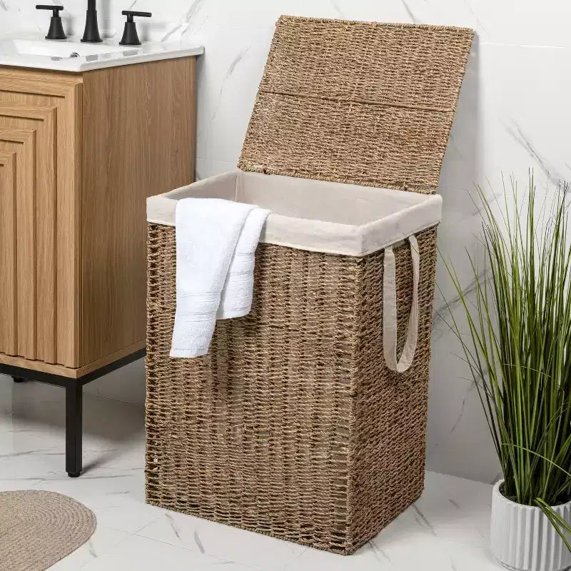happimess Reed Coastal Bohemian Handwoven Seagrass Laundry Hamper with Lid and Removable Liner