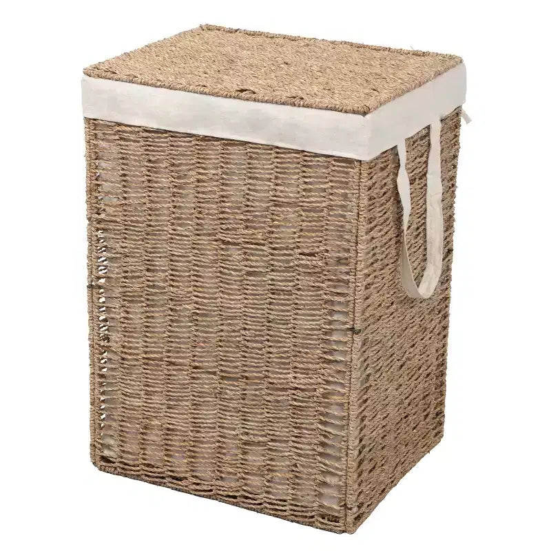 Cesto portabiancheria con coperchio e fodera rimovibile, in erba marina intrecciata, stile bohémien costiero, Happimess Reed