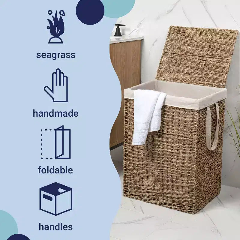 Cesto portabiancheria con coperchio e fodera rimovibile, in erba marina intrecciata, stile bohémien costiero, Happimess Reed