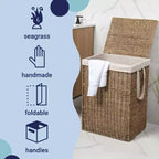 Cesto portabiancheria con coperchio e fodera rimovibile, in erba marina intrecciata, stile bohémien costiero, Happimess Reed
