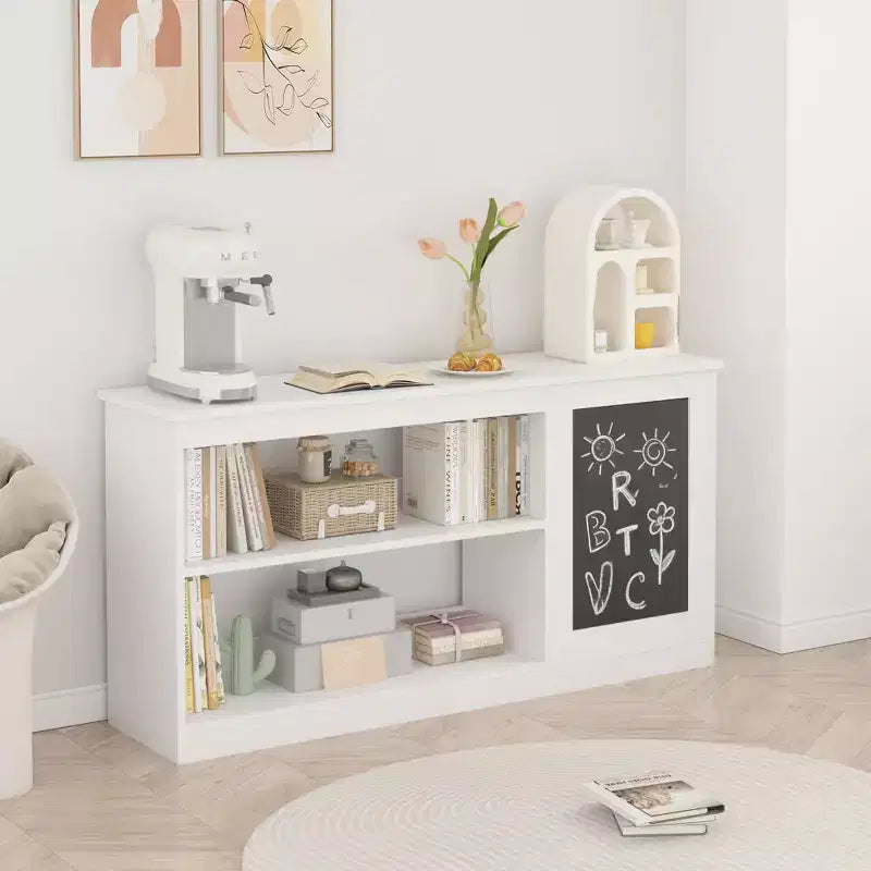 Libreria e armadietto portagiochi 3 in 1 per bambini con lavagna – Organizzatore moderno bianco per sala giochi
