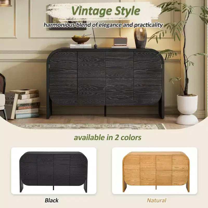 Madia a quattro ante in stile retrò, credenza in legno con ampio spazio contenitivo e angoli arrotondati, perfetta per soggiorno o ingresso, nera, 74 cm.