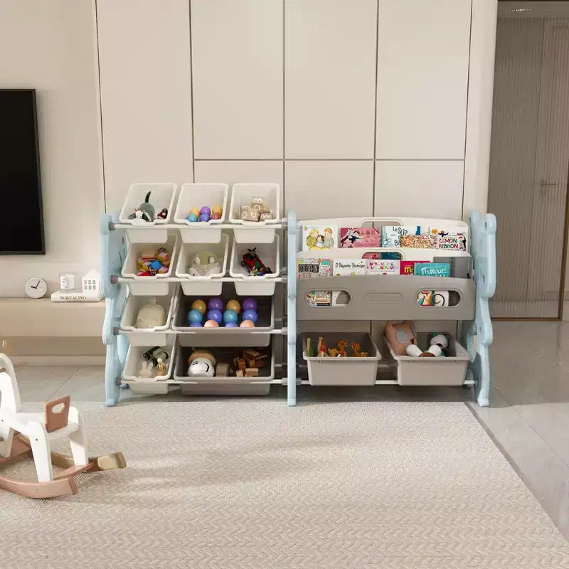 Organizzatore di giocattoli per bambini, Organizzatore di giocattoli con libreria a 2 ripiani, Contenitore per giocattoli con ripiano e 12 contenitori, Libreria e contenitore per giocattoli per sala giochi