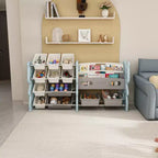 Organizzatore di giocattoli per bambini, Organizzatore di giocattoli con libreria a 2 ripiani, Contenitore per giocattoli con ripiano e 12 contenitori, Libreria e contenitore per giocattoli per sala giochi