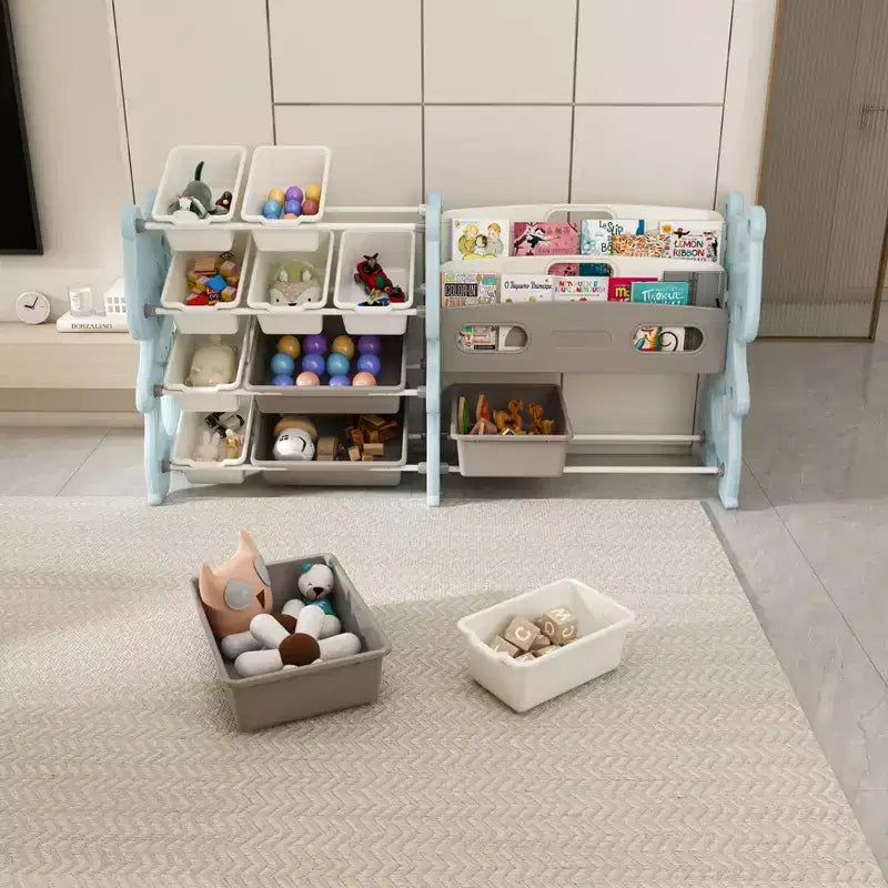 Organizzatore di giocattoli per bambini, Organizzatore di giocattoli con libreria a 2 ripiani, Contenitore per giocattoli con ripiano e 12 contenitori, Libreria e contenitore per giocattoli per sala giochi