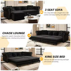 MAYEERTY 89 Divano a 3 posti in velluto con pouf mobile, divano letto estraibile 3 in 1, divano letto King Size nero