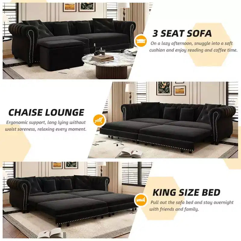 MAYEERTY 89 Divano a 3 posti in velluto con pouf mobile, divano letto estraibile 3 in 1, divano letto King Size nero
