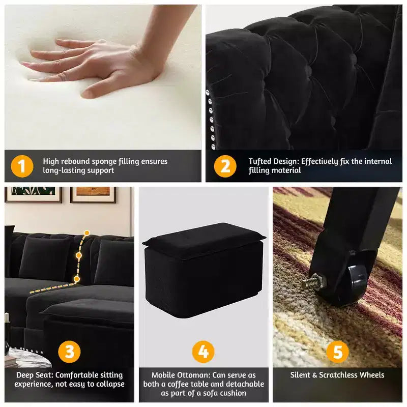 MAYEERTY 89 Divano a 3 posti in velluto con pouf mobile, divano letto estraibile 3 in 1, divano letto King Size nero