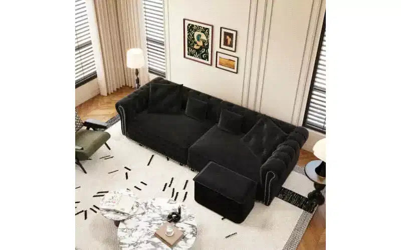 MAYEERTY 89 Divano a 3 posti in velluto con pouf mobile, divano letto estraibile 3 in 1, divano letto King Size nero