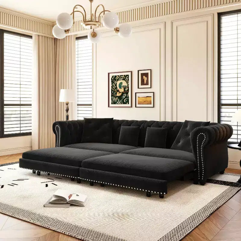 MAYEERTY 89 Divano a 3 posti in velluto con pouf mobile, divano letto estraibile 3 in 1, divano letto King Size nero