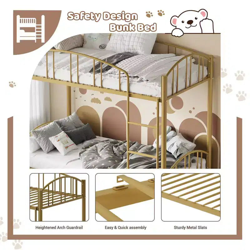 Letto a castello in metallo a una piazza e mezza, telaio per letti a castello resistente con sponde di sicurezza ad arco e scala di sicurezza, letto in acciaio per bambini, non necessita di rete a molle, rosa