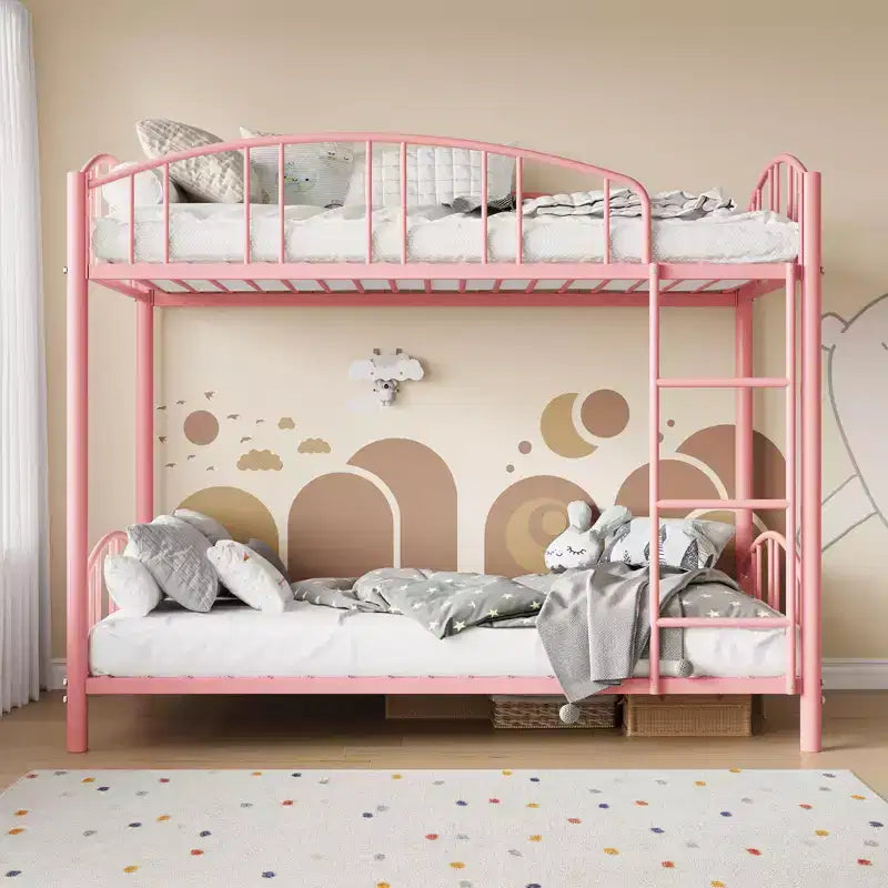 Letto a castello in metallo a una piazza e mezza, telaio per letti a castello resistente con sponde di sicurezza ad arco e scala di sicurezza, letto in acciaio per bambini, non necessita di rete a molle, rosa