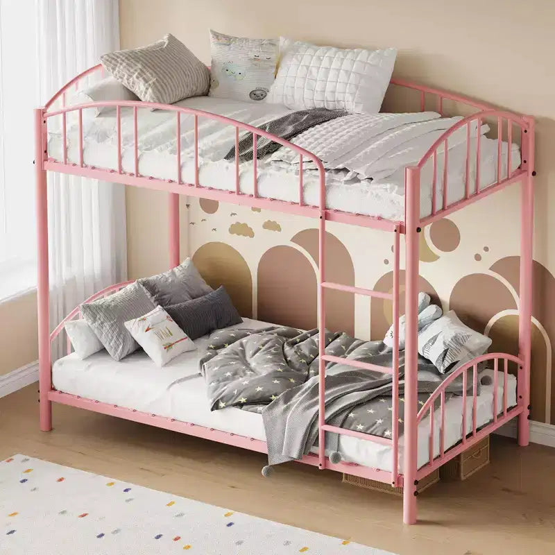 Letto a castello in metallo a una piazza e mezza, telaio per letti a castello resistente con sponde di sicurezza ad arco e scala di sicurezza, letto in acciaio per bambini, non necessita di rete a molle, rosa
