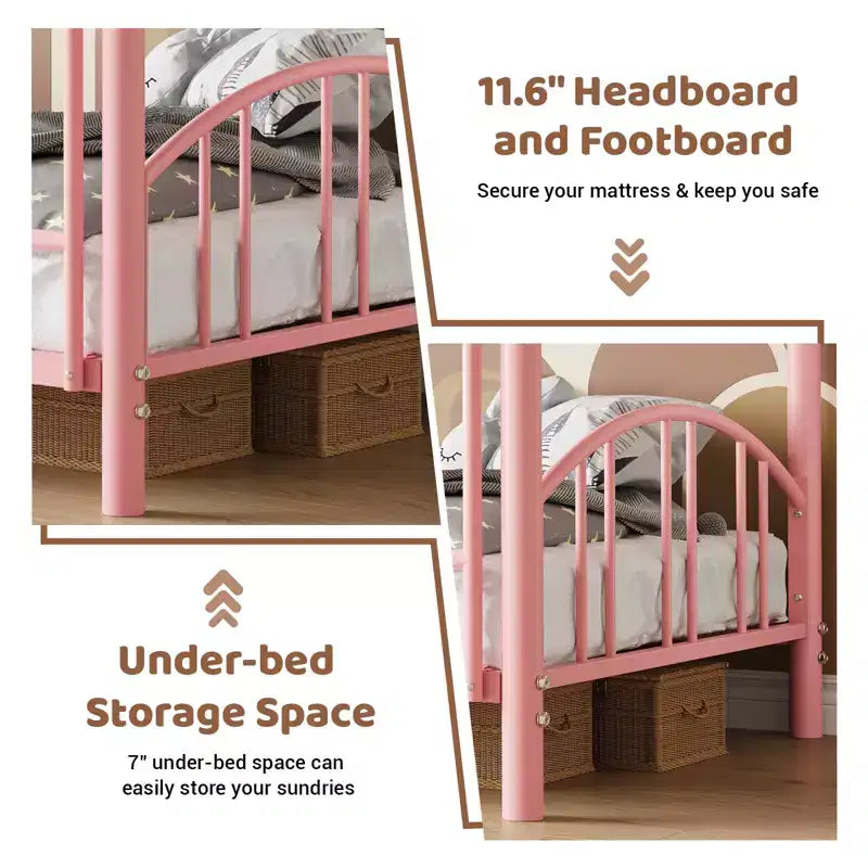 Letto a castello in metallo a una piazza e mezza, telaio per letti a castello resistente con sponde di sicurezza ad arco e scala di sicurezza, letto in acciaio per bambini, non necessita di rete a molle, rosa