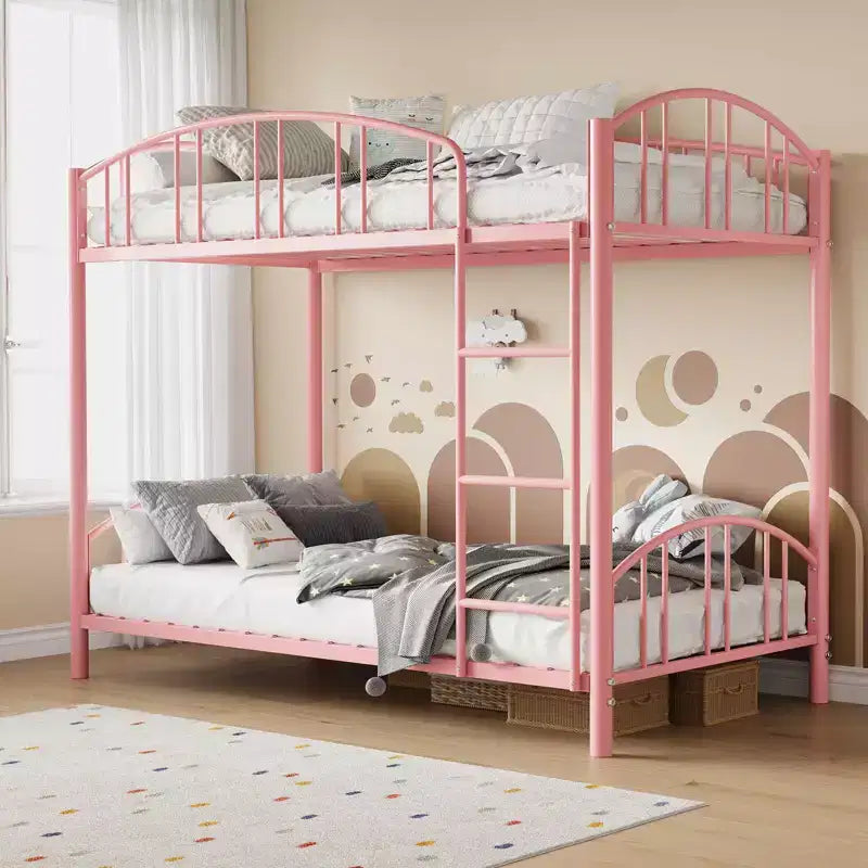 Letto a castello in metallo a una piazza e mezza, telaio per letti a castello resistente con sponde di sicurezza ad arco e scala di sicurezza, letto in acciaio per bambini, non necessita di rete a molle, rosa