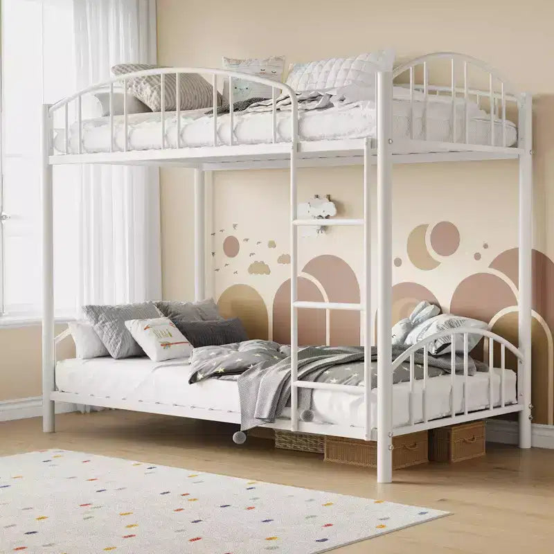 Letto a castello in metallo a una piazza e mezza, telaio per letti a castello resistente con sponde di sicurezza ad arco e scala di sicurezza, letto in acciaio per bambini, non necessita di rete a molle, rosa