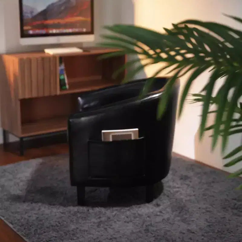 Poltrona a pozzetto, piccola poltrona con braccioli e cuscino in PU, 25x26.8x28, poltrona lounge in similpelle marrone, grigio e nero per spazi compatti