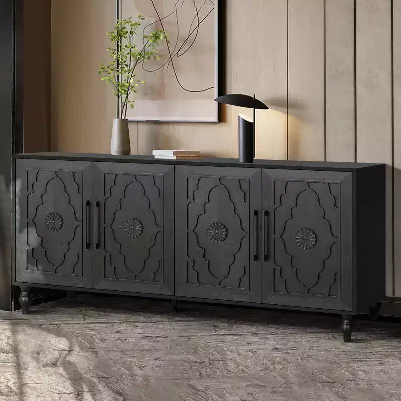 Clihome 63 Mobile Contenitore Grande con Maniglia in Metallo, Ante Intagliate a Fiori, Credenza Consolle Moderna in Legno con Ripiani Regolabili