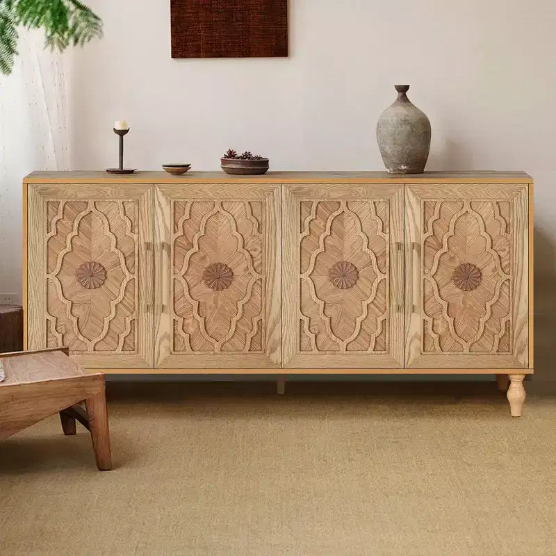 Clihome 63 Mobile Contenitore Grande con Maniglia in Metallo, Ante Intagliate a Fiori, Credenza Consolle Moderna in Legno con Ripiani Regolabili