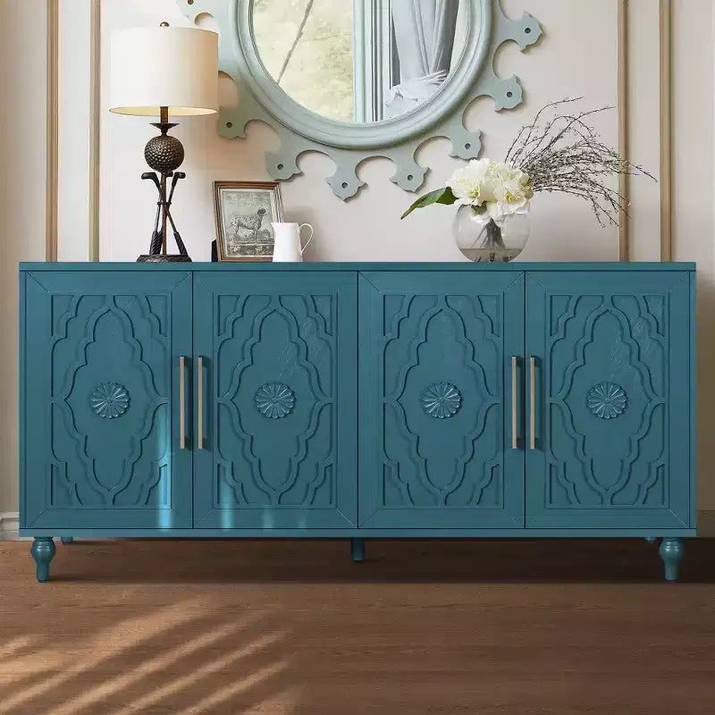 Clihome 63 Mobile Contenitore Grande con Maniglia in Metallo, Ante Intagliate a Fiori, Credenza Consolle Moderna in Legno con Ripiani Regolabili