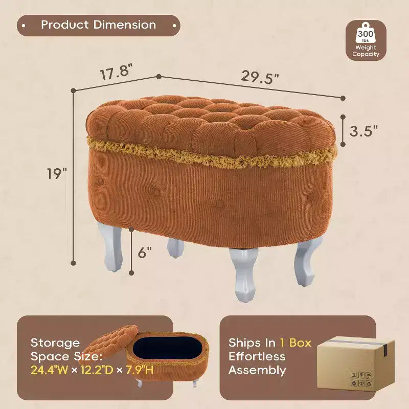 TUYOHW 29.5 Panchina Pouf Contenitore Retrò da Fondo Letto con Frange, Elegante Pouf Accent Trapuntato per Camera da Letto e Soggiorno, Capacità 136 kg