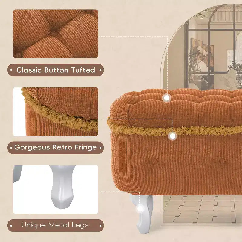TUYOHW 29.5 Panchina Pouf Contenitore Retrò da Fondo Letto con Frange, Elegante Pouf Accent Trapuntato per Camera da Letto e Soggiorno, Capacità 136 kg